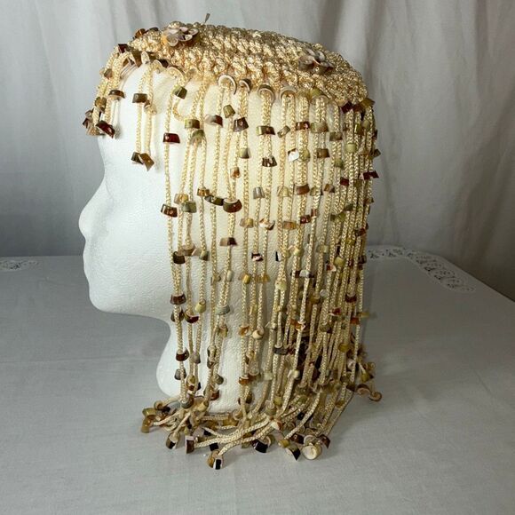 Vintage Handmade Beaded Headdress – Natural Horn & Shell Fringe, Artisan Boho Fe main image 10